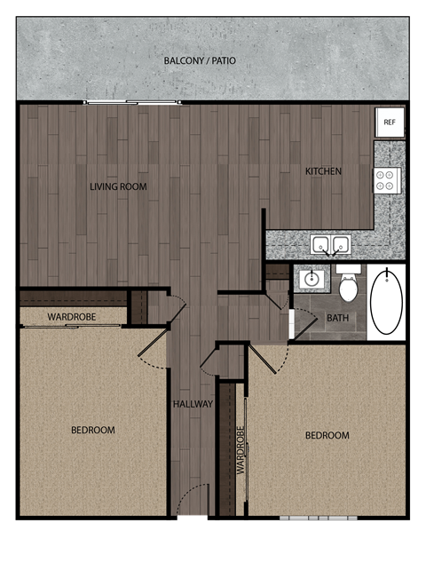 Floor plan for 2 beds, 1 bath, 870 sqft